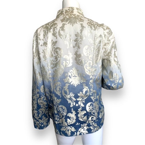 CHICO’S SILVER/BLUE/WHITE FOIL OMBRÉ COTTON JACKET. CHICO’S WOMEN’s SIZE 2 - Picture 2 of 9